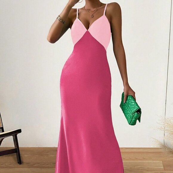 Multicolor Sexy Women's Summer Color Blocked Long Tail Spaghetti Strap Dress - Picture 6 of 8